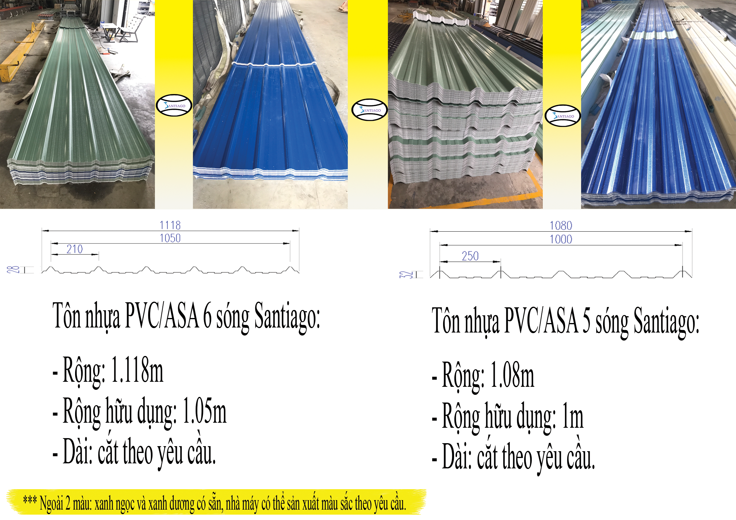Tôn nhựa PVC ASA 6 sóng vuông Santiago- Cách nhiệt cách âm chống ăn mòn giá rẻ
